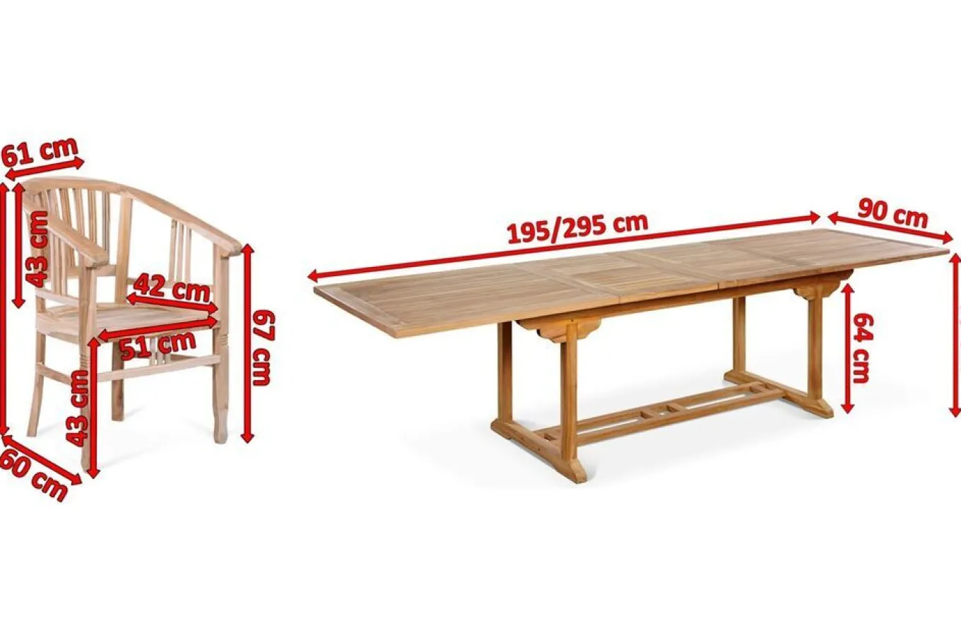 New Garten-Essgruppe, Teakholz, Ausziehtisch 195/295 x 90 cm, 10 Armlehnensessel, inkl. Polster Garten-Essgruppen|Teak-Gartenmöbel