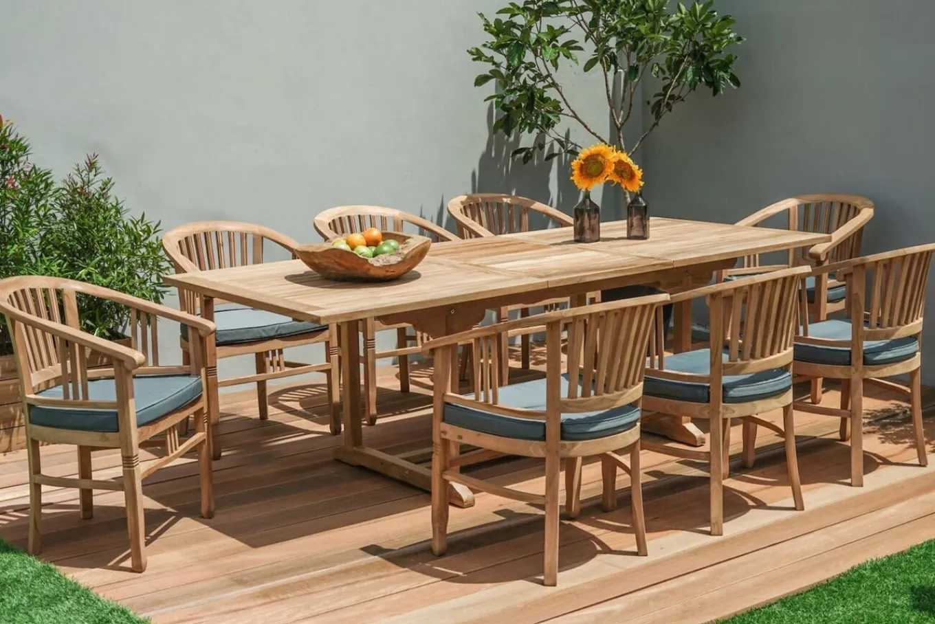 Garten-Essgruppe, Teakholz, Ausziehtisch 160/210x90cm, 8 Armlehnensessel, inkl. Polster Garten-Essgruppen|Teak-Gartenmöbel