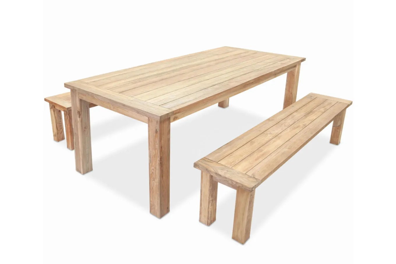 Sale Garten-Essgruppe, Tisch 200x100cm, 2 Bänke 170x40cm, recycled Teak, Plattenstärke 30mm Garten-Essgruppen