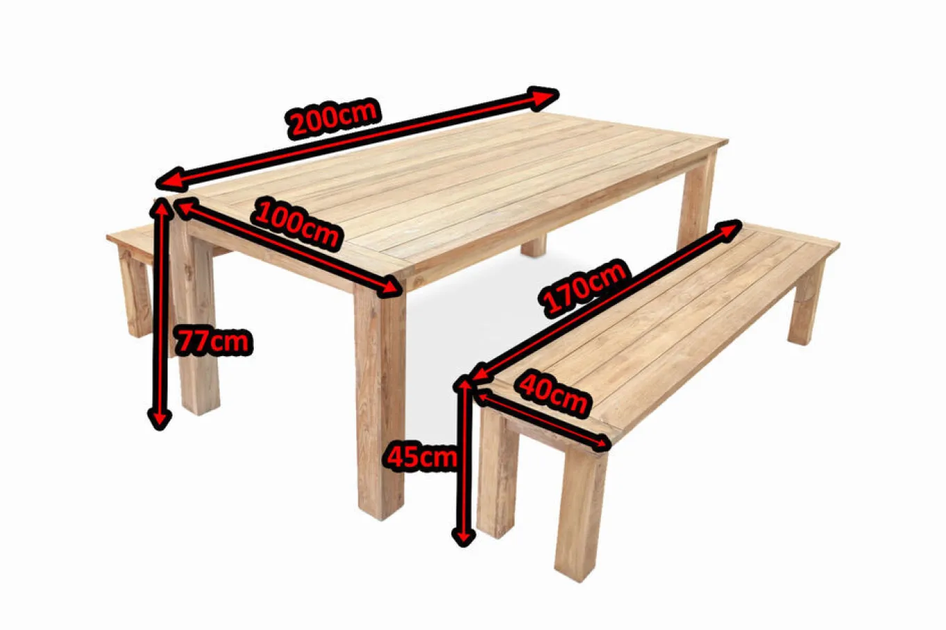 Sale Garten-Essgruppe, Tisch 200x100cm, 2 Bänke 170x40cm, recycled Teak, Plattenstärke 30mm Garten-Essgruppen