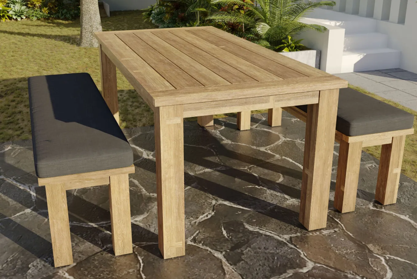 Sale Garten-Essgruppe, Tisch 200x100cm, 2 Bänke 170x40cm, recycled Teak, Plattenstärke 30mm Garten-Essgruppen