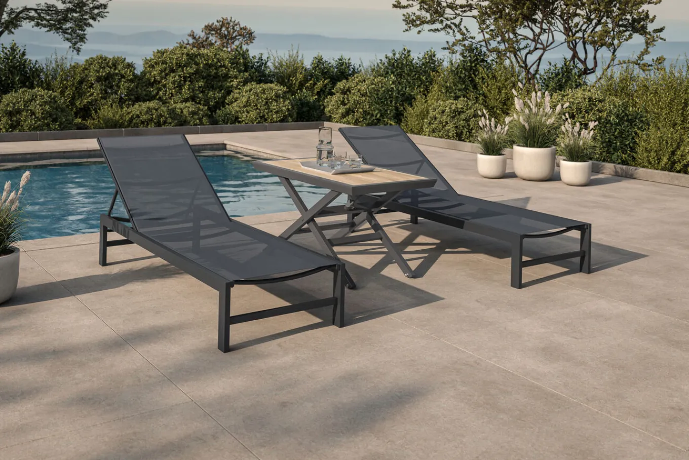 Clearance Gartenliegen-Set, anthrazit matt/schwarz, Alu/Textilene, 190 x 60 cm, inkl. höhenverstellbarer Kafeetisch , UV-beständig Gartenliegen|Aluminium-Gartenmöbel