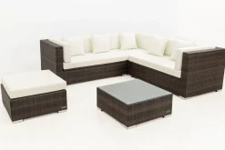 Hot Gartenlounge, braun marmoriert, 6 Pers, Polyrattan, wasserfeste Kissenbox, inkl. Beistelltisch Polyrattan-Gartenmöbel|Gartenlounge