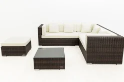 Hot Gartenlounge, braun marmoriert, 6 Pers, Polyrattan, wasserfeste Kissenbox, inkl. Beistelltisch Polyrattan-Gartenmöbel|Gartenlounge