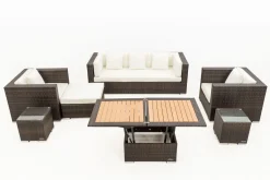 Gartenlounge, braun marmoriert, Polyrattan, 6 Pers, wasserfeste Kissenbox, inkl. Loungetisch Polyrattan-Gartenmöbel|Gartenlounge