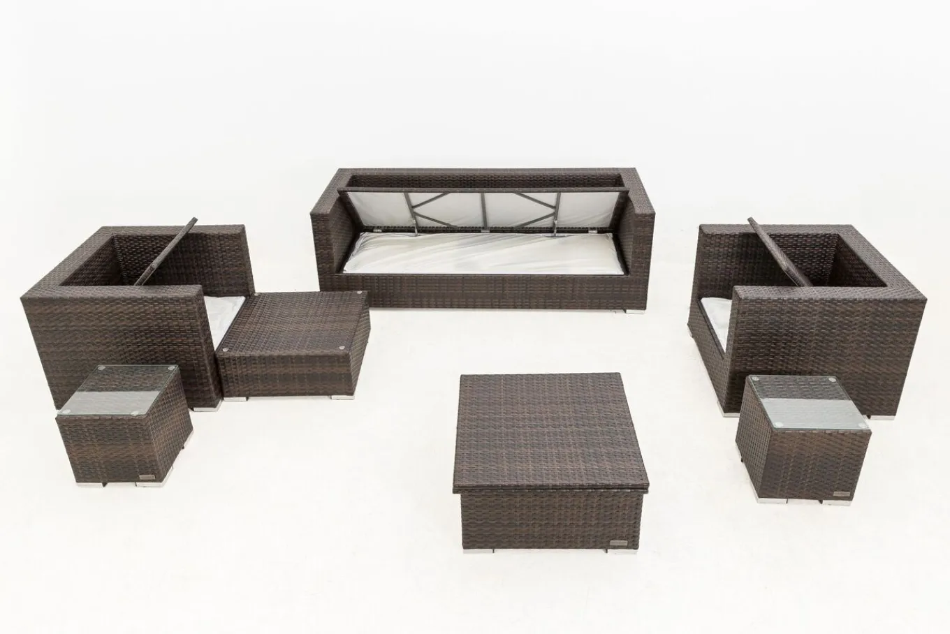 Gartenlounge, braun marmoriert, Polyrattan, 6 Pers, wasserfeste Kissenbox, inkl. Loungetisch Polyrattan-Gartenmöbel|Gartenlounge