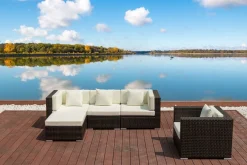 Gartenlounge, braun marmoriert, Polyrattan, 5 Pers, wasserfeste Kissenbox Polyrattan-Gartenmöbel|Gartenlounge