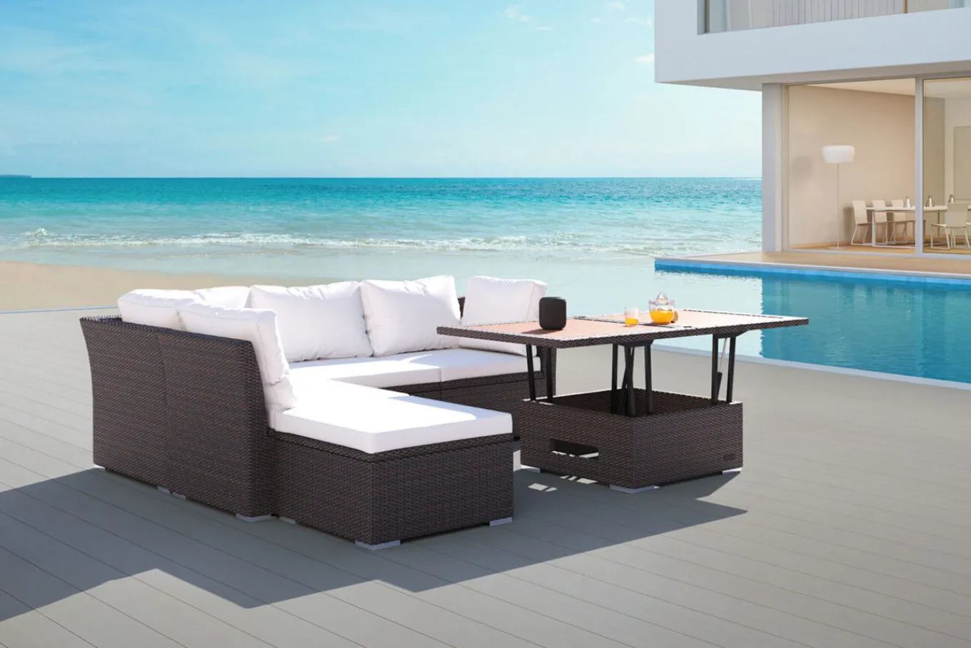 Outlet Gartenlounge, braun marmoriert, Polyrattan, inkl. Loungetisch, für 5 Personen, wasserfeste Kissenbox Polyrattan-Gartenmöbel|Gartenlounge