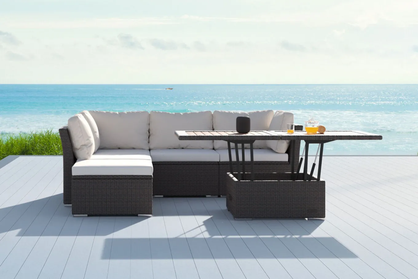Outlet Gartenlounge, braun marmoriert, Polyrattan, inkl. Loungetisch, für 5 Personen, wasserfeste Kissenbox Polyrattan-Gartenmöbel|Gartenlounge