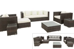 Discount Gartenlounge, braun marmoriert, Polyrattan, 6 Pers, wasserfeste Kissenbox, inkl. Beistelltisch Polyrattan-Gartenmöbel|Gartenlounge