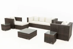 Discount Gartenlounge, braun marmoriert, Polyrattan, 6 Pers, wasserfeste Kissenbox, inkl. Beistelltisch Polyrattan-Gartenmöbel|Gartenlounge