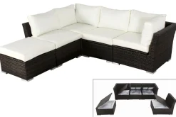 Clearance Gartenlounge, braun marmoriert, Polyrattan, für 5 Personen, wasserfeste Kissenbox Polyrattan-Gartenmöbel|Gartenlounge