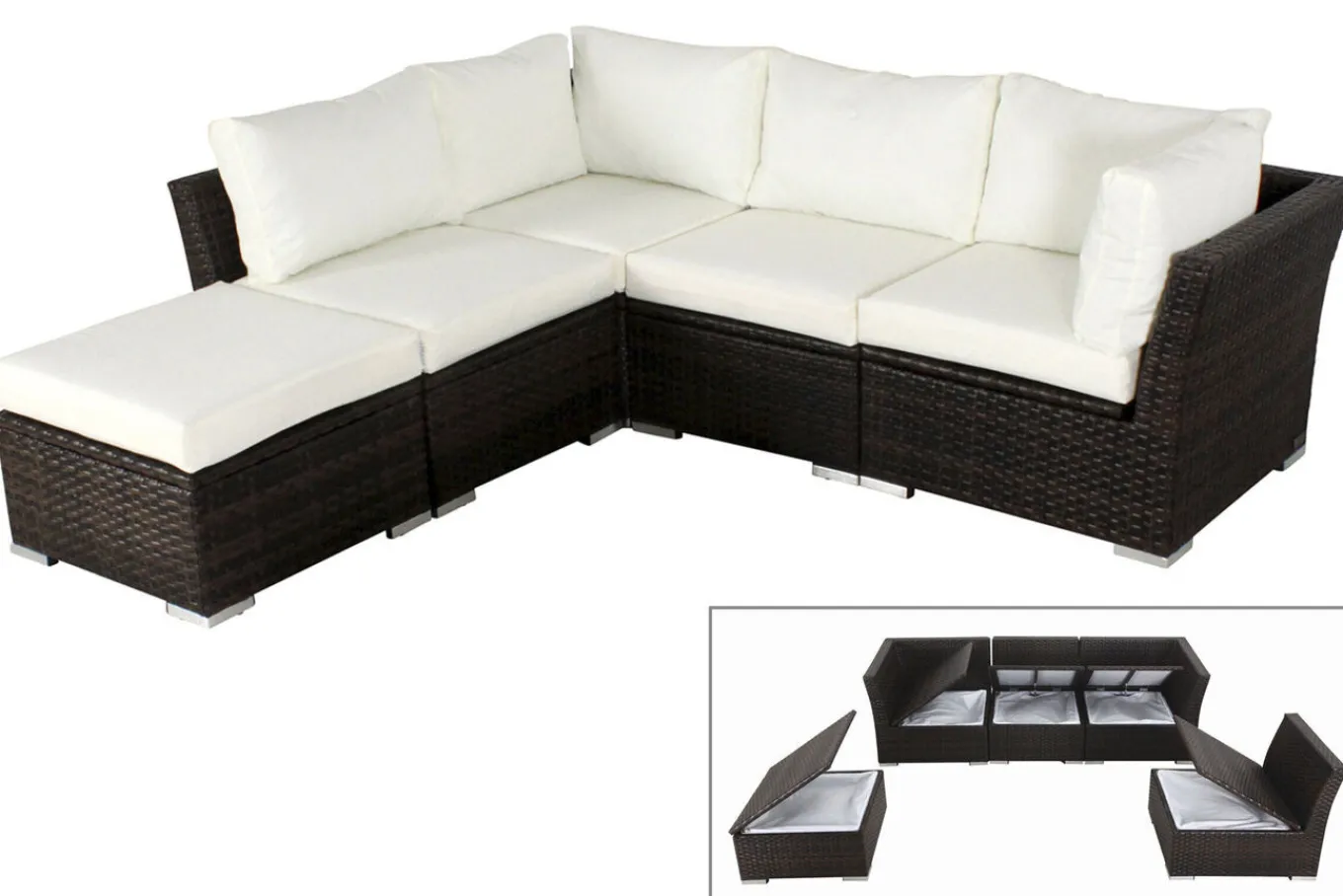 Clearance Gartenlounge, braun marmoriert, Polyrattan, für 5 Personen, wasserfeste Kissenbox Polyrattan-Gartenmöbel|Gartenlounge