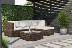 New Gartenlounge, braun marmoriert, 5 Pers, Polyrattan, wasserfeste Kissenbox Polyrattan-Gartenmöbel|Gartenlounge