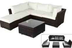Gartenlounge, braun marmoriert, Polyrattan, inkl. Kaffeetisch, für 5 Personen, wasserfeste Kissenbox Polyrattan-Gartenmöbel|Gartenlounge