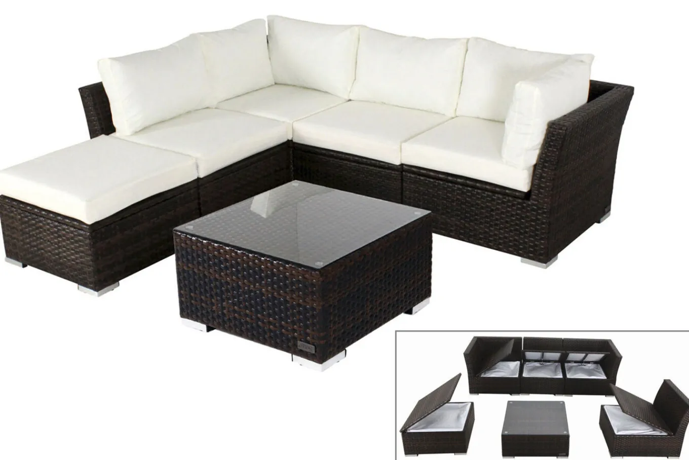 Gartenlounge, braun marmoriert, Polyrattan, inkl. Kaffeetisch, für 5 Personen, wasserfeste Kissenbox Polyrattan-Gartenmöbel|Gartenlounge