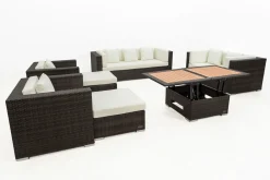 Gartenlounge, braun marmoriert, Polyrattan, 9 Pers, wasserfeste Kissenbox, inkl. Loungetisch Polyrattan-Gartenmöbel|Gartenlounge