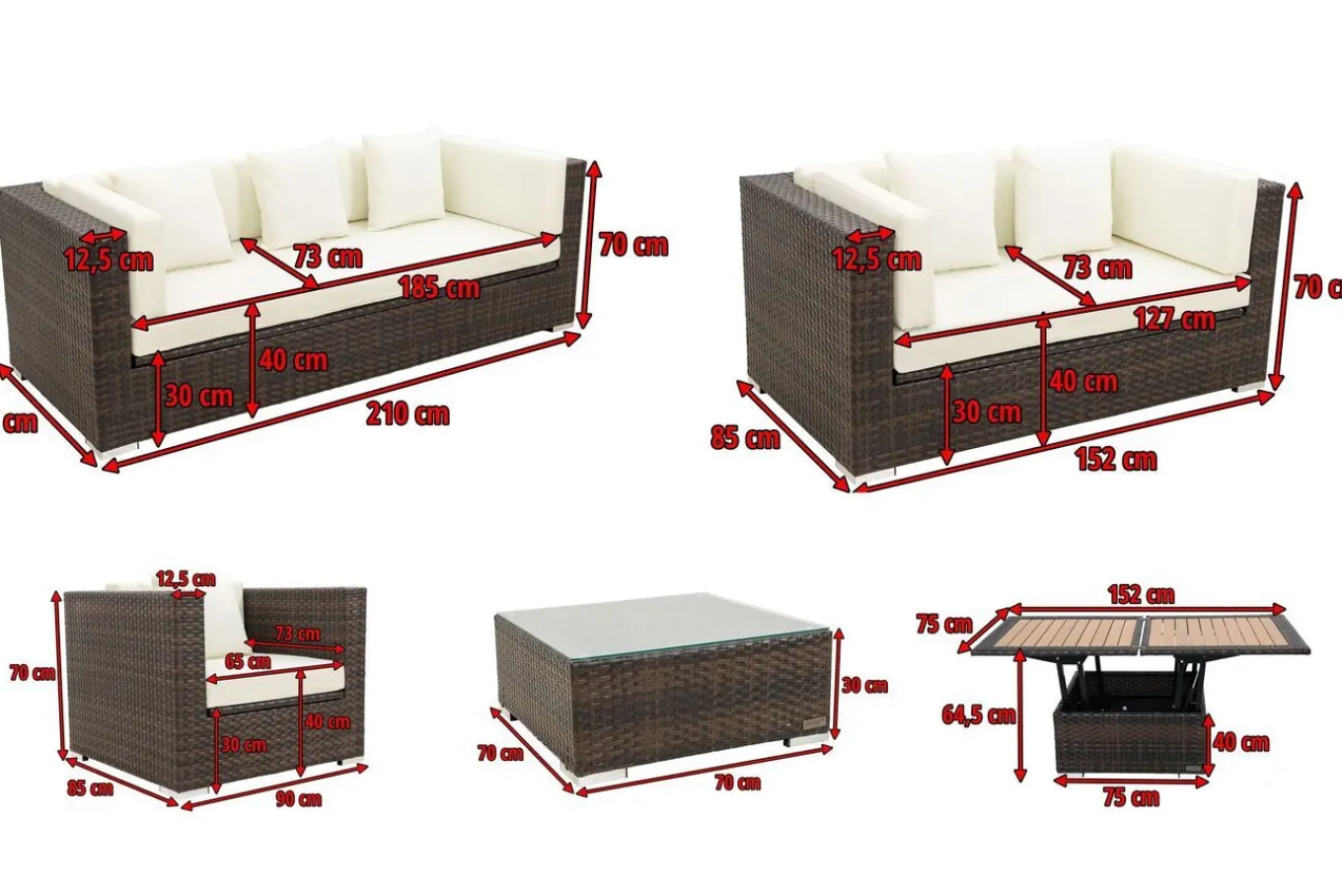 Gartenlounge, braun marmoriert, Polyrattan, 9 Pers, wasserfeste Kissenbox, inkl. Loungetisch Polyrattan-Gartenmöbel|Gartenlounge