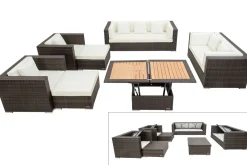 Gartenlounge, braun marmoriert, Polyrattan, 9 Pers, wasserfeste Kissenbox, inkl. Loungetisch Polyrattan-Gartenmöbel|Gartenlounge