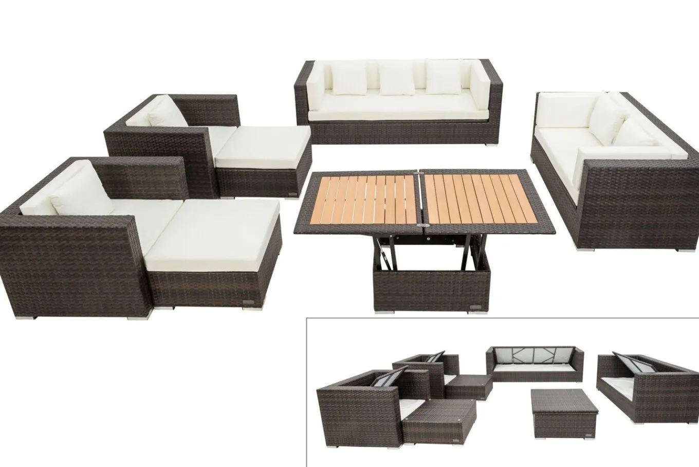 Gartenlounge, braun marmoriert, Polyrattan, 9 Pers, wasserfeste Kissenbox, inkl. Loungetisch Polyrattan-Gartenmöbel|Gartenlounge