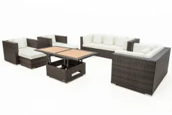 Gartenlounge, braun marmoriert, Polyrattan, 9 Pers, wasserfeste Kissenbox, inkl. Loungetisch Polyrattan-Gartenmöbel|Gartenlounge