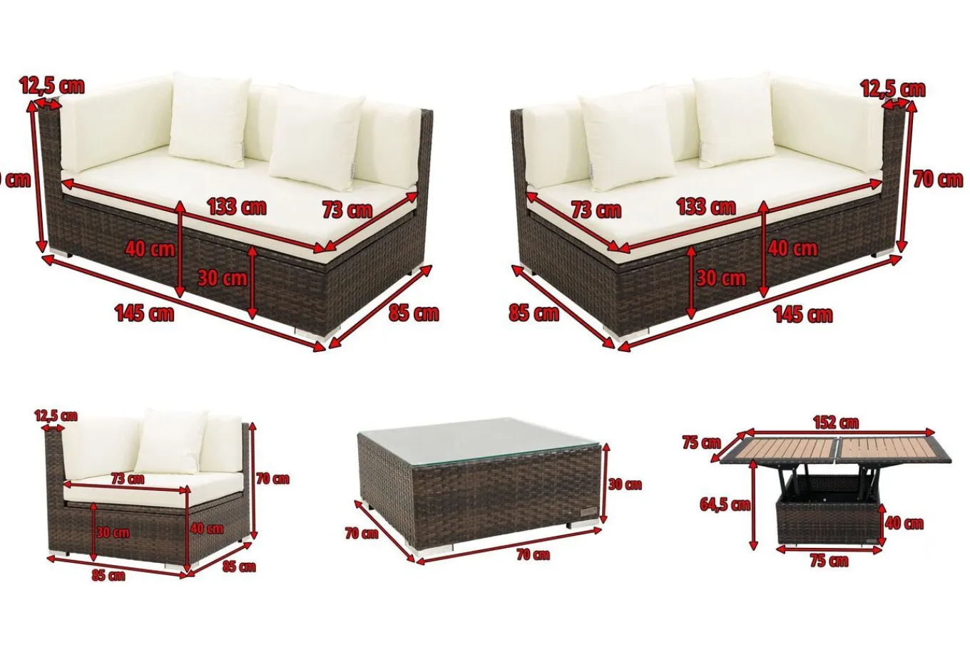 Best Gartenlounge, braun marmoriert, 6 Pers, Polyrattan, wasserfeste Kissenbox, inkl. Loungetisch Polyrattan-Gartenmöbel|Gartenlounge