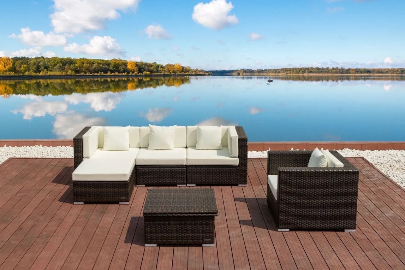 Online Gartenlounge, braun marmoriert, Polyrattan, 5 Pers, wasserfeste Kissenbox, inkl. Loungetisch Polyrattan-Gartenmöbel|Gartenlounge