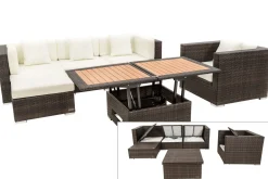 Online Gartenlounge, braun marmoriert, Polyrattan, 5 Pers, wasserfeste Kissenbox, inkl. Loungetisch Polyrattan-Gartenmöbel|Gartenlounge