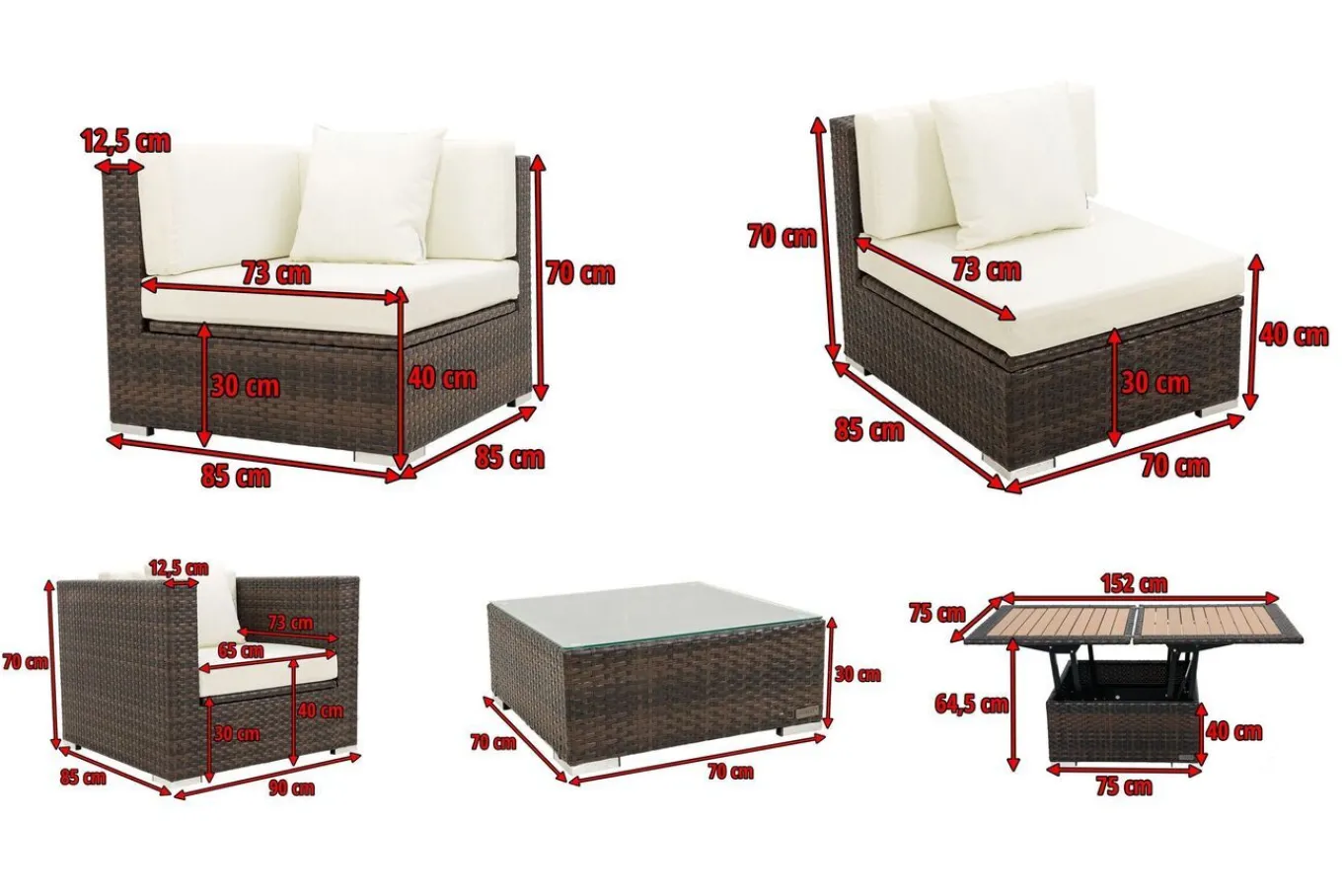 Online Gartenlounge, braun marmoriert, Polyrattan, 5 Pers, wasserfeste Kissenbox, inkl. Loungetisch Polyrattan-Gartenmöbel|Gartenlounge