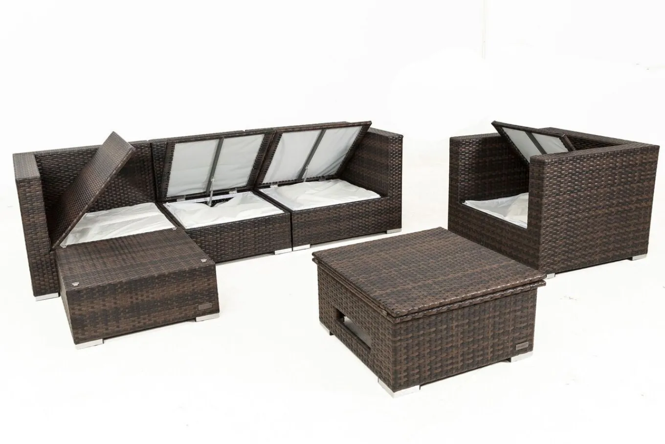 Online Gartenlounge, braun marmoriert, Polyrattan, 5 Pers, wasserfeste Kissenbox, inkl. Loungetisch Polyrattan-Gartenmöbel|Gartenlounge