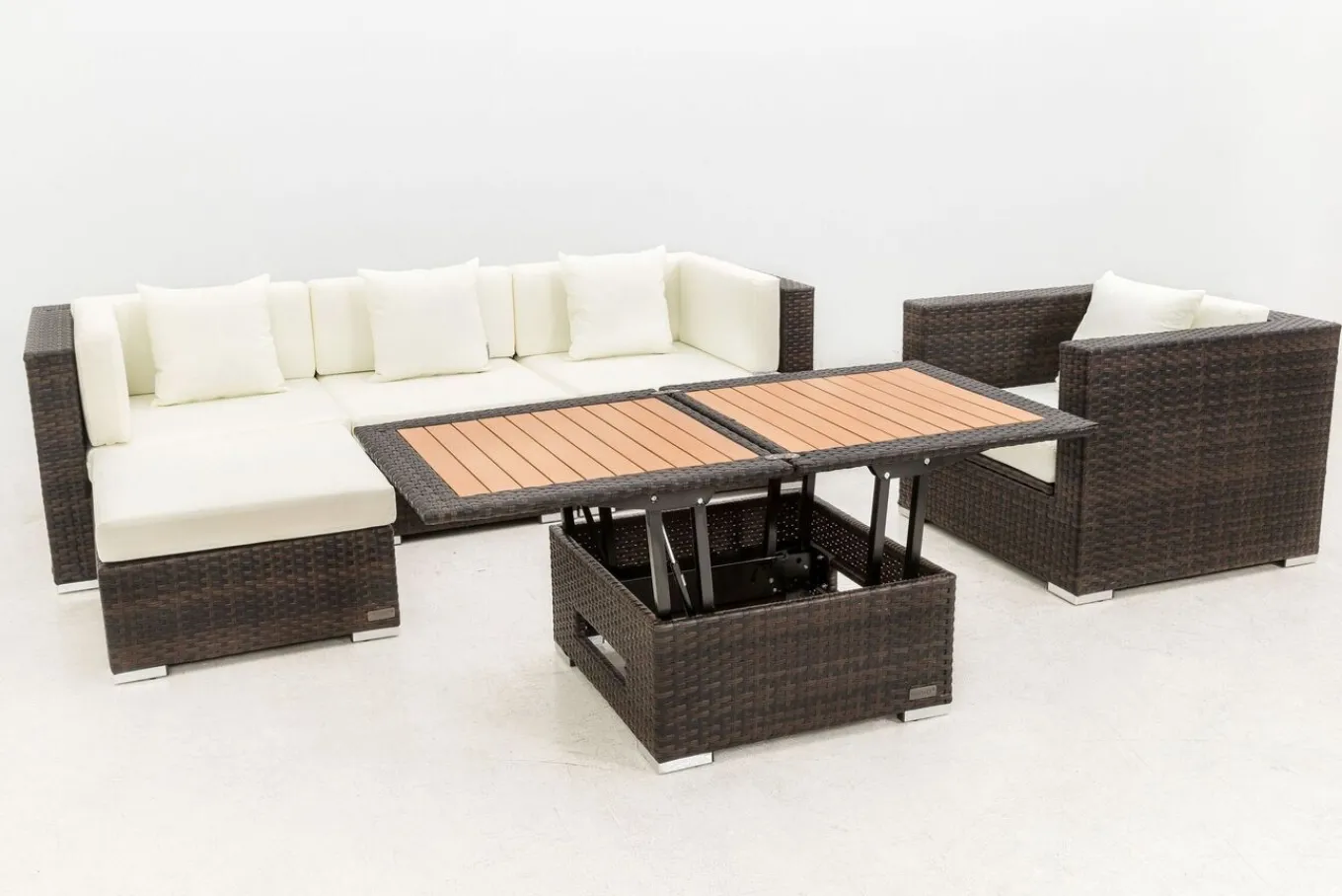Online Gartenlounge, braun marmoriert, Polyrattan, 5 Pers, wasserfeste Kissenbox, inkl. Loungetisch Polyrattan-Gartenmöbel|Gartenlounge