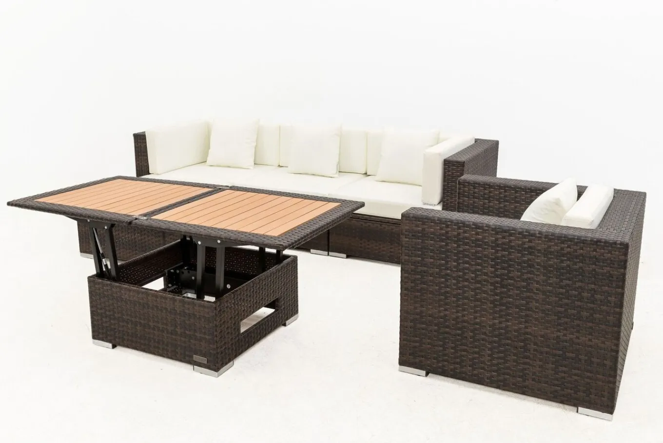 Online Gartenlounge, braun marmoriert, Polyrattan, 5 Pers, wasserfeste Kissenbox, inkl. Loungetisch Polyrattan-Gartenmöbel|Gartenlounge