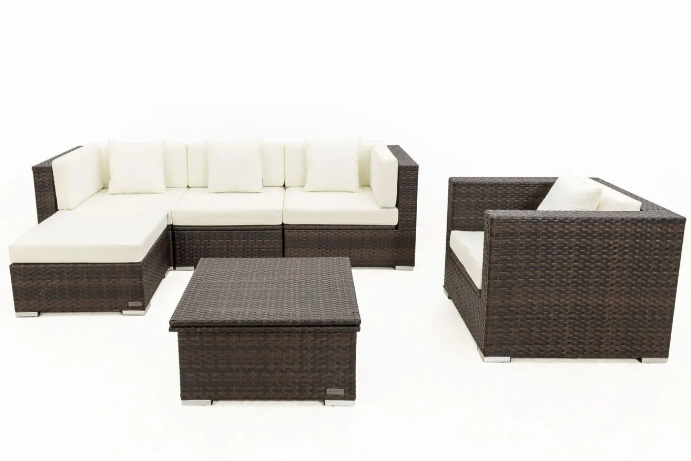 Online Gartenlounge, braun marmoriert, Polyrattan, 5 Pers, wasserfeste Kissenbox, inkl. Loungetisch Polyrattan-Gartenmöbel|Gartenlounge