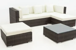 Online Gartenlounge, braun marmoriert, 5 Pers, Polyrattan, wasserfeste Kissenbox, inkl. Beistelltisch Polyrattan-Gartenmöbel|Gartenlounge