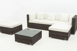 Online Gartenlounge, braun marmoriert, 5 Pers, Polyrattan, wasserfeste Kissenbox, inkl. Beistelltisch Polyrattan-Gartenmöbel|Gartenlounge