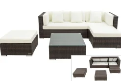 Online Gartenlounge, braun marmoriert, 5 Pers, Polyrattan, wasserfeste Kissenbox, inkl. Beistelltisch Polyrattan-Gartenmöbel|Gartenlounge