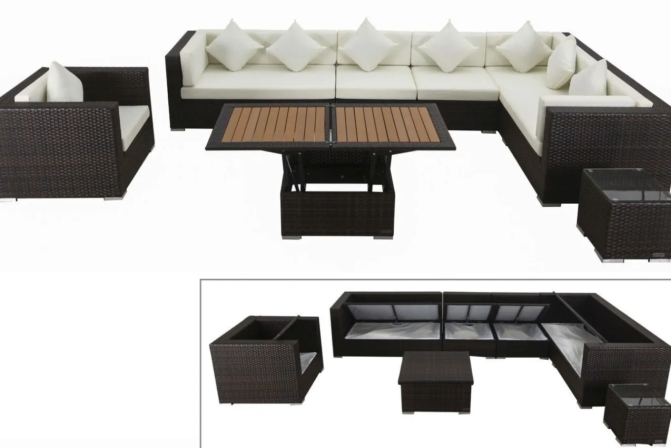 Hot Gartenlounge, braun marmoriert, Polyrattan, 8 Pers, wasserfeste Kissenbox, inkl. Loungetisch Polyrattan-Gartenmöbel|Gartenlounge