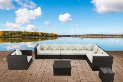 Hot Gartenlounge, braun marmoriert, Polyrattan, 8 Pers, wasserfeste Kissenbox, inkl. Loungetisch Polyrattan-Gartenmöbel|Gartenlounge