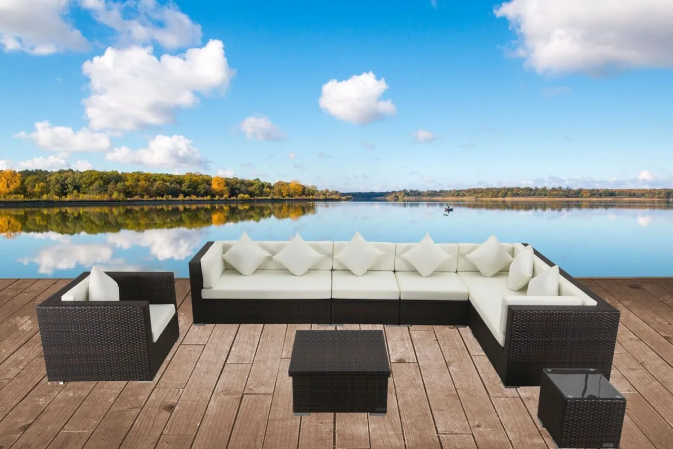 Hot Gartenlounge, braun marmoriert, Polyrattan, 8 Pers, wasserfeste Kissenbox, inkl. Loungetisch Polyrattan-Gartenmöbel|Gartenlounge