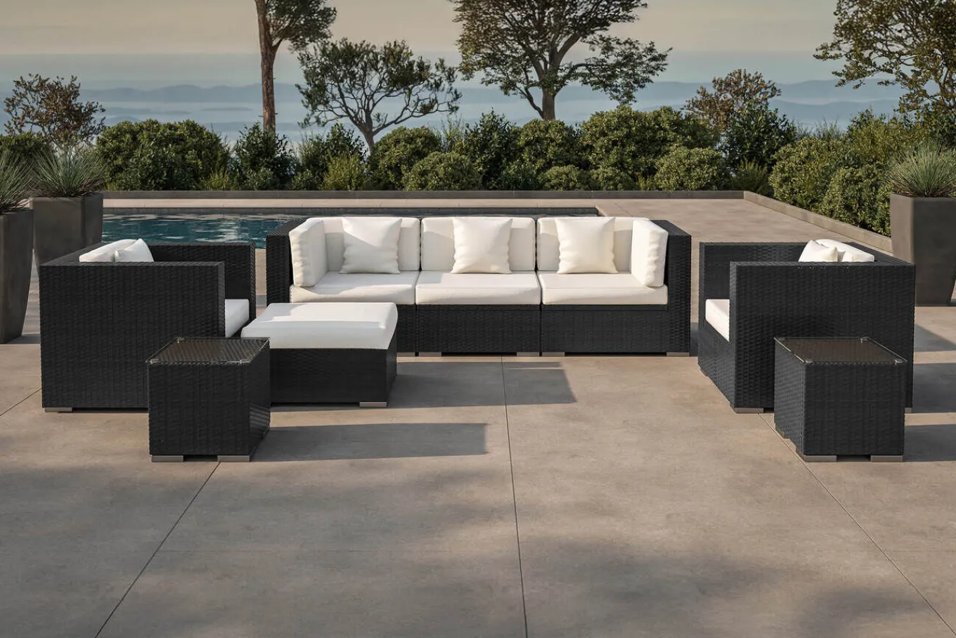 Online Gartenlounge, creme/weiß, schwarz, Polyrattan, für 6 Personen, wasserfeste Kissenbox Polyrattan-Gartenmöbel|Gartenlounge