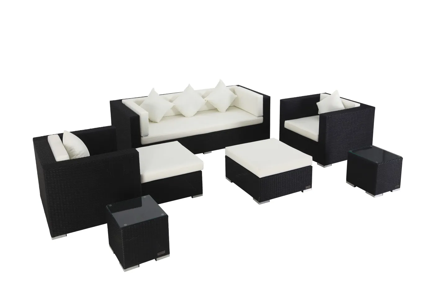Outlet Gartenlounge, creme/weiß, schwarz, Polyrattan, für 6 Personen, inkl. Kaffeetisch, wasserfeste Kissenbox Polyrattan-Gartenmöbel|Gartenlounge