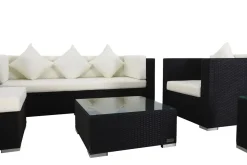 Outlet Gartenlounge, creme/weiß, schwarz, Polyrattan, für 6 Personen, inkl. Kaffeetisch, wasserfeste Kissenbox Polyrattan-Gartenmöbel|Gartenlounge