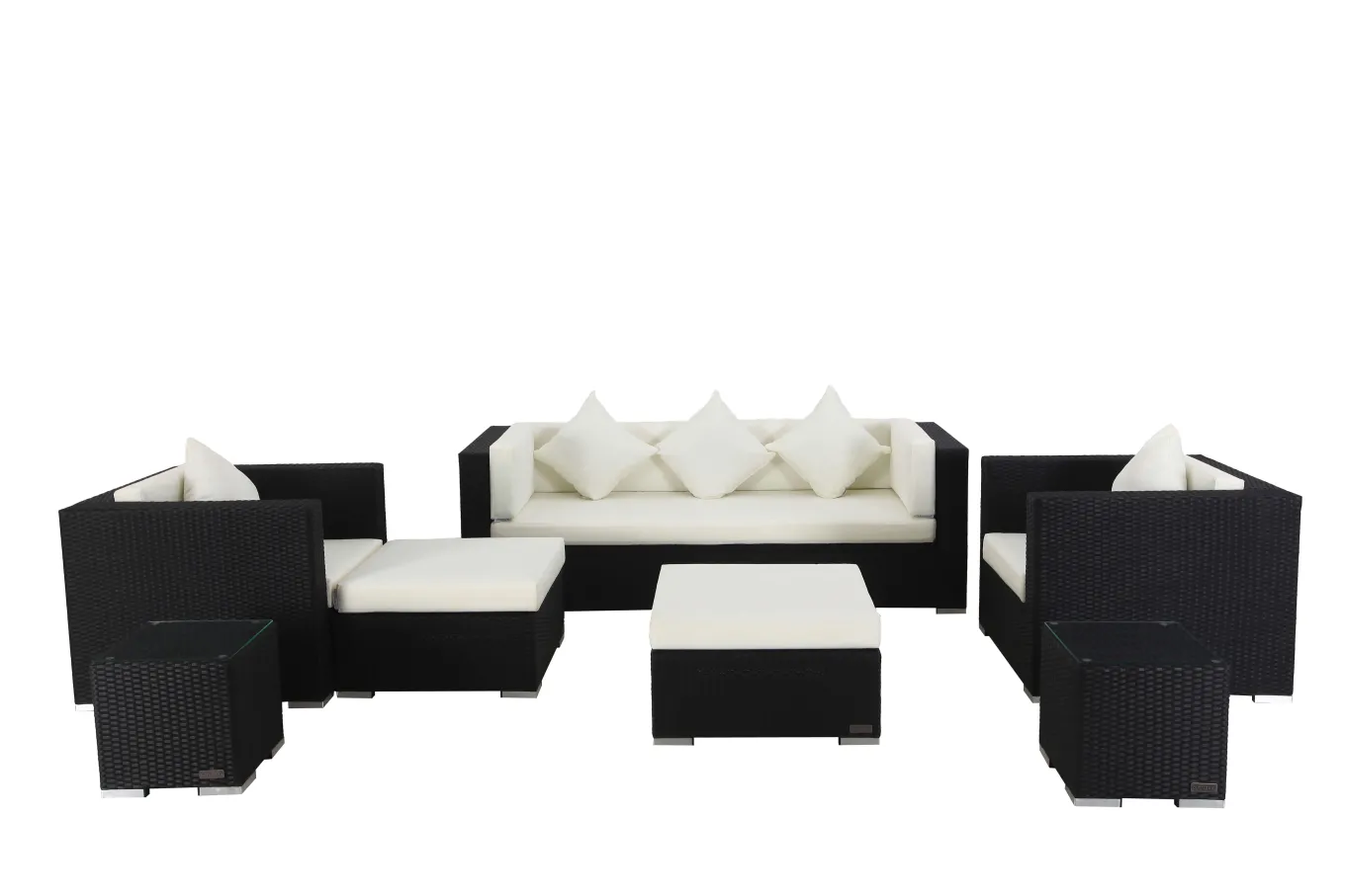 Outlet Gartenlounge, creme/weiß, schwarz, Polyrattan, für 6 Personen, inkl. Kaffeetisch, wasserfeste Kissenbox Polyrattan-Gartenmöbel|Gartenlounge