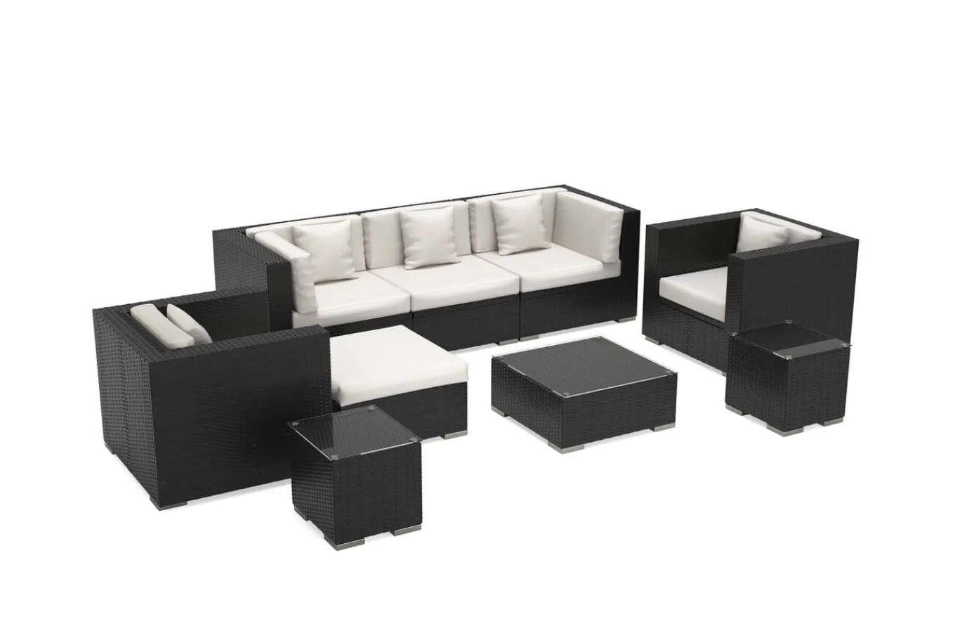 Outlet Gartenlounge, creme/weiß, schwarz, Polyrattan, für 6 Personen, inkl. Kaffeetisch, wasserfeste Kissenbox Polyrattan-Gartenmöbel|Gartenlounge