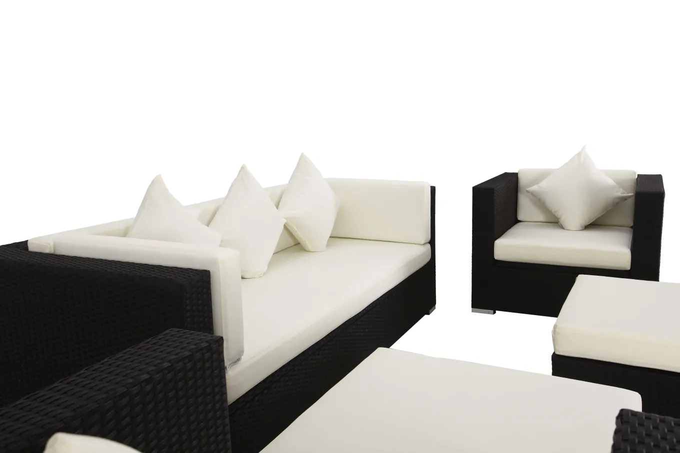 Outlet Gartenlounge, creme/weiß, schwarz, Polyrattan, für 6 Personen, inkl. Kaffeetisch, wasserfeste Kissenbox Polyrattan-Gartenmöbel|Gartenlounge
