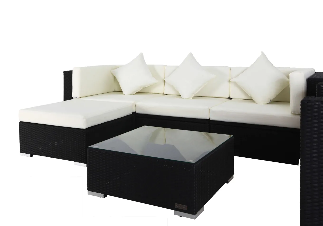 Gartenlounge, creme/weiß, schwarz, Polyrattan, für 5 Personen, inkl. Kaffeetisch, Kissenboxfunktion Polyrattan-Gartenmöbel|Gartenlounge
