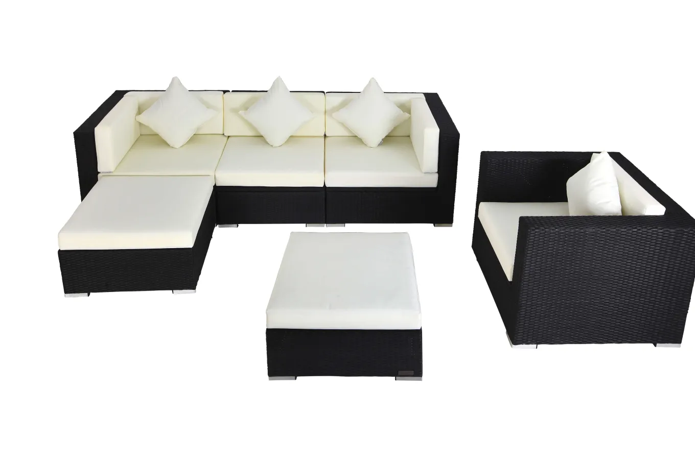 Gartenlounge, creme/weiß, schwarz, Polyrattan, für 5 Personen, inkl. Kaffeetisch, Kissenboxfunktion Polyrattan-Gartenmöbel|Gartenlounge