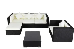 Gartenlounge, creme/weiß, schwarz, Polyrattan, für 5 Personen, inkl. Kaffeetisch, Kissenboxfunktion Polyrattan-Gartenmöbel|Gartenlounge