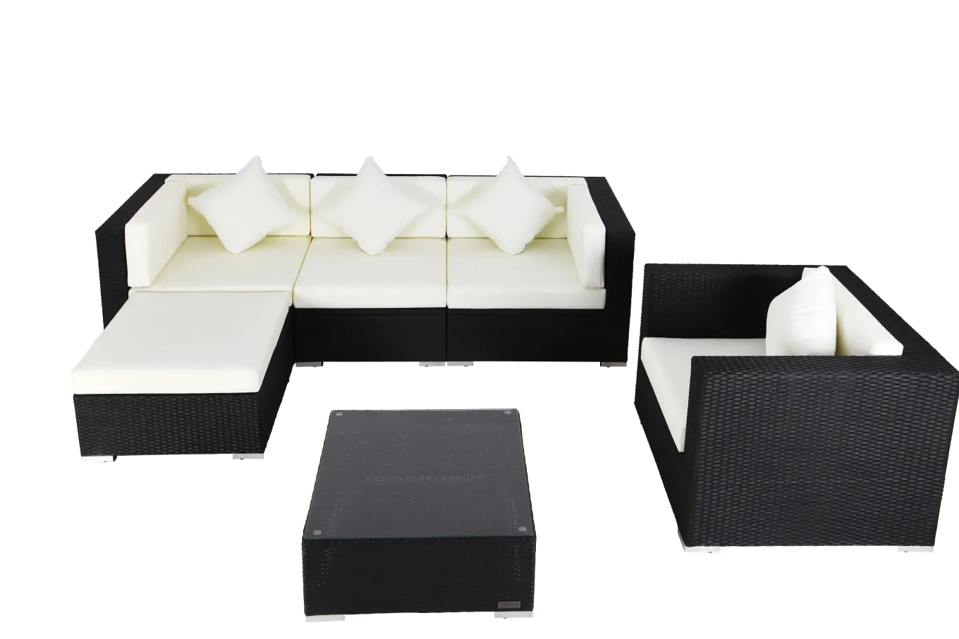Gartenlounge, creme/weiß, schwarz, Polyrattan, für 5 Personen, inkl. Kaffeetisch, Kissenboxfunktion Polyrattan-Gartenmöbel|Gartenlounge