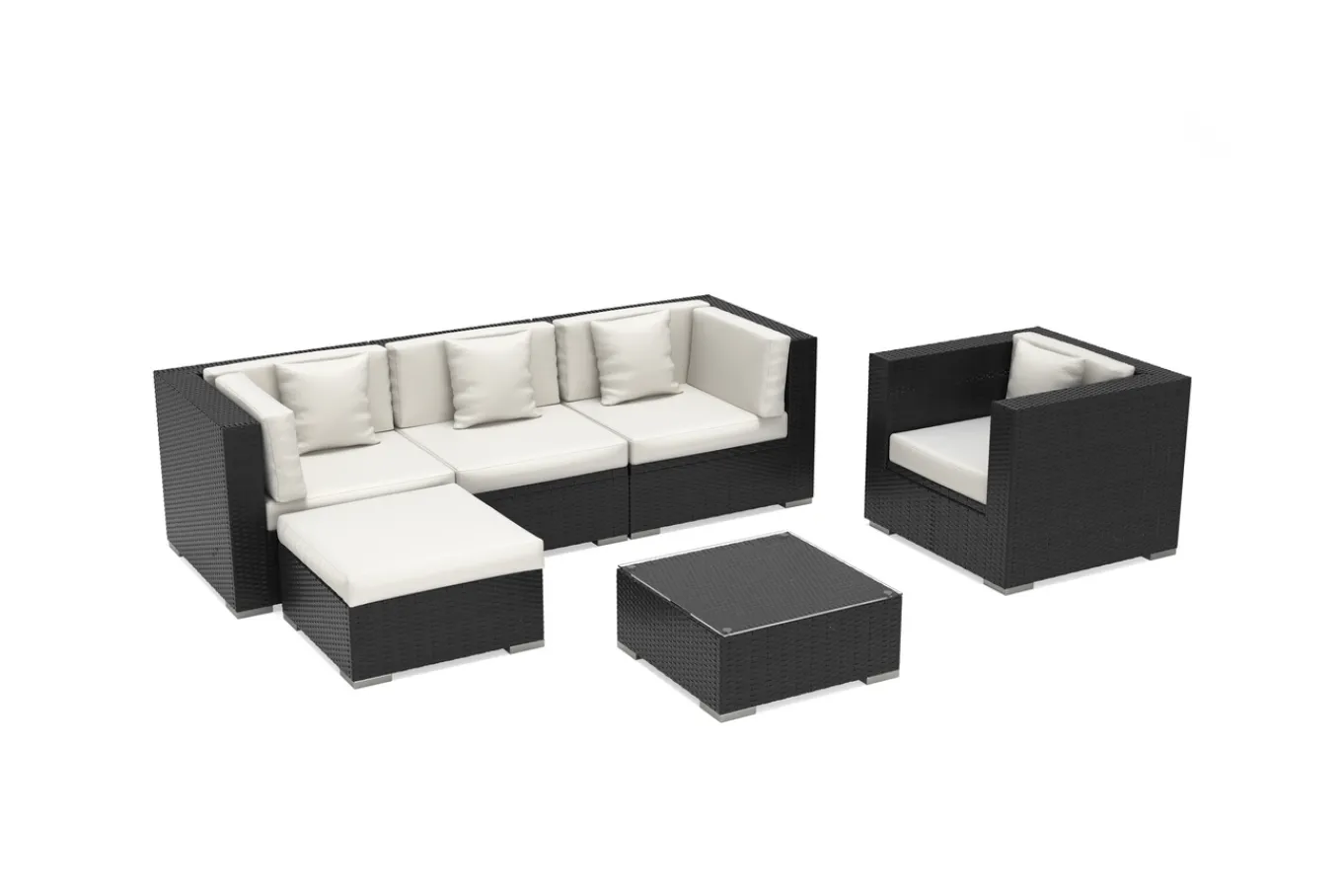 Gartenlounge, creme/weiß, schwarz, Polyrattan, für 5 Personen, inkl. Kaffeetisch, Kissenboxfunktion Polyrattan-Gartenmöbel|Gartenlounge